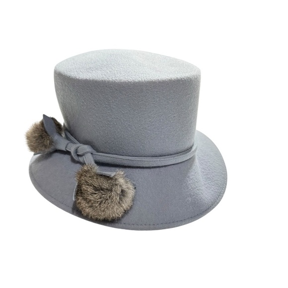Betmar New York Gray Wool Hat with Faux Fur Pom Accents – Wide Brim Cloche main image 3